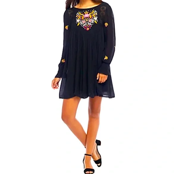 Free People Mohave Embroidered Mini Dress - Black XS